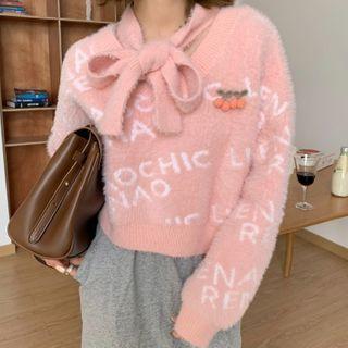 Tie-neck Lettering Sweater Pink - One Size