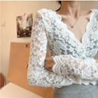 Plain V-neck Loose-fit Sweater / Lace Long-sleeve Top