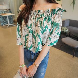 Off-shoulder Tie-neck Floral Top
