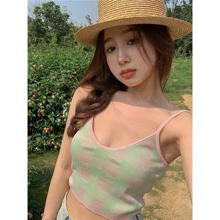 Checker Print Cropped Camisole Top Pink & Green - One Size