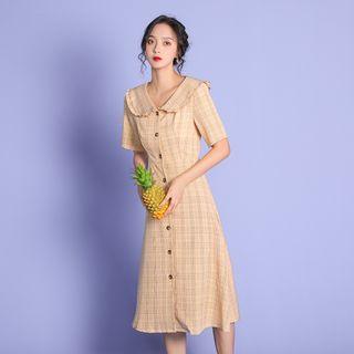 Plaid Short-sleeve Button-up Midi A-line Dress