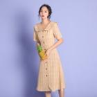 Plaid Short-sleeve Button-up Midi A-line Dress