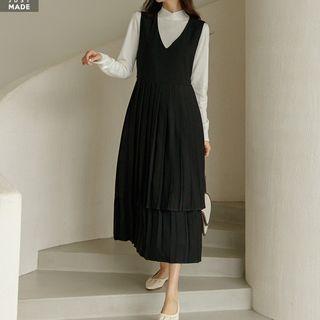 Pleated Layered Maxi Overall Dress Black - One Size