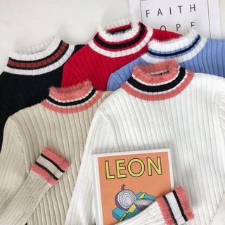 Fleece Panel Striped Ribbed Knit Top