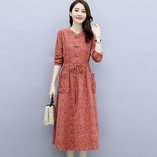 Long-sleeve Drawstring Floral Midi A-line Dress
