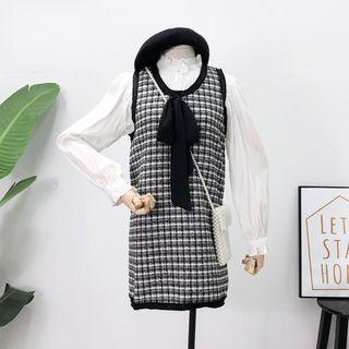Set: Ribbon-accent Woolen Vest + Pearl-button Plain Shirt Black - One Size