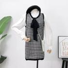 Set: Ribbon-accent Woolen Vest + Pearl-button Plain Shirt Black - One Size