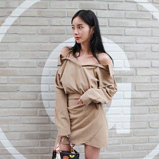 Off-shoulder Long-sleeve Surplice-wrap Dress