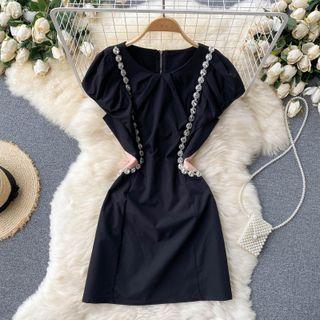 Round-neck Rhinstone Color Block Short-sleeve Dress