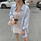 Oversized Plain Long-sleeve Denim Shirt As Shown In Figure - One Size