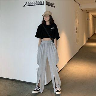Elbow-sleeve Letter Cropped T-shirt / Ripped Wide-leg Pants