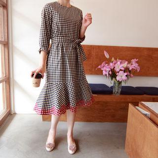 Ruffle-hem Embroidered-trim Check Dress