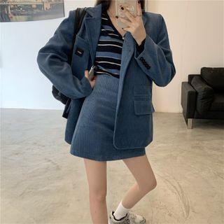 Applique Single Breasted Corduroy Blazer / High-waist Plain Skirt