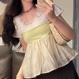 Short-sleeve Lace Trim Crop Top / Camisole Top