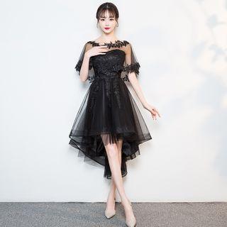 Cap-sleeve Floral Embroidered A-line Mesh Cocktail Dress
