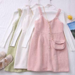 Set: Mock-neck Knit Top + Sleeveless Knit Dress With Mini Crossbody Bag