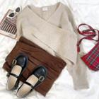 Long-sleeve V-neck Cropped Knit Sweater Almond - One Size
