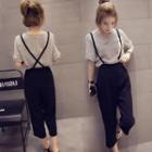 Set: Short-sleeve Lettering T-shirt + Suspender Pants