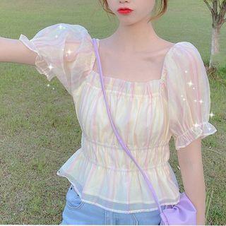 Puff-sleeve Square-neck Mesh Cropped Blouse