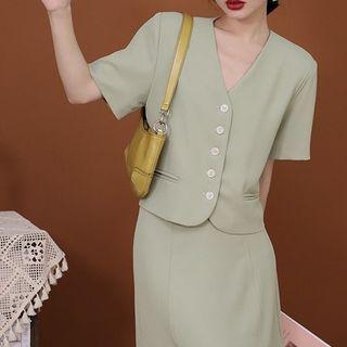Short-sleeve Plain Button-up Jacket / Mini Skirt
