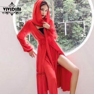 Long-sleeve Hooded Crochet Lace Panel Midi Sundress