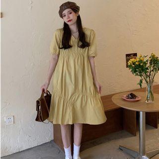 Short Sleeve V-neck Ruched A-line Dress