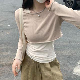 Long-sleeve Plain Knit Crop Top / Tank Top / Drawstring Wide Leg Pants