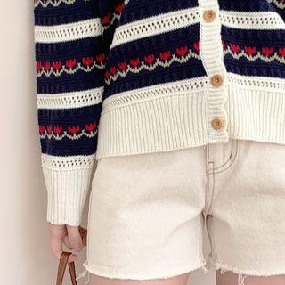 Flower-patterned Pointelle-knit Cardigan Navy Blue - One Size
