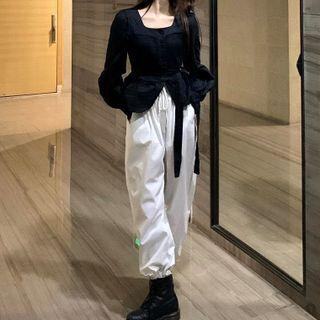 Puff-sleeve Square-neck Blouse / Cropped Harem Pants