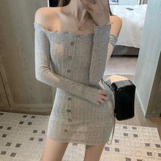 Off-shoulder Ribbed Mini Sheath Dress