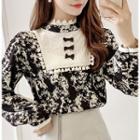 Long-sleeve Printed Lace Trim Blouse