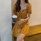 Square-neck Floral Print Puff-sleeve Dress Dress - Yellow - One Size