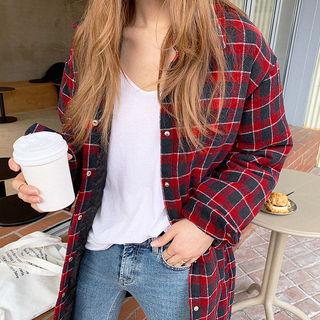 Snap-button Long Check Flannel Shirt