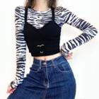 Set: Plain Camisole + Long-sleeve Zebra Print T-shirt