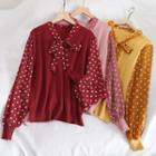 Long-sleeve Knit Panel Dotted Blouse