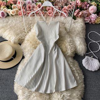 Spaghetti-strap Pinstripe A-line Dress