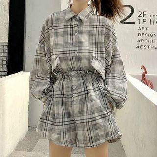 Set: Plaid Shirt Jacket + Shorts + Camisole