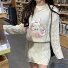 Cartoon Embroidered Sweater / Cable Knit Mini Pencil Skirt