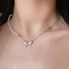 Faux Pearl Rhinestone Butterfly Necklace Gold - One Size