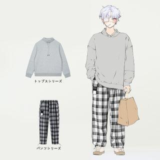 Plain Hoodie / Plaid Wide Leg Pants / Set