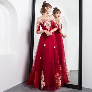 V-neck / Off-shoulder Embroidered Evening Gown