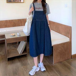 Short-sleeve Floral Blouse / Denim Midi Overall Dress