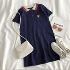 Color-block Embroidered Short-sleeve Dress Blue - One Size