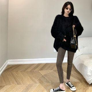Plain Woolen Sweater / Plaid Straight-cut Pants