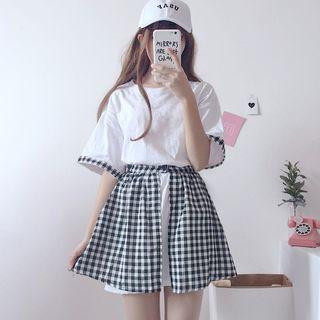 Set: Short-sleeve T-shirt Dress + Gingham Skirt