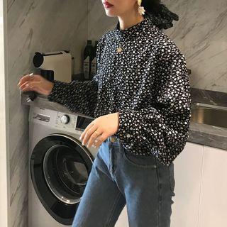 Mock-neck Puff-sleeve Floral Print Blouse Black - One Size