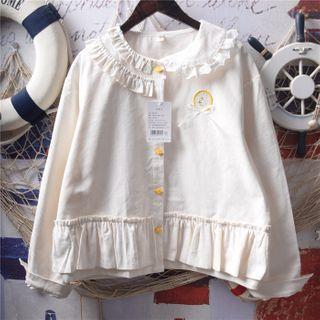 Long-sleeve Embroidered Lace Flower Trim Peter Pan Collar Shirt