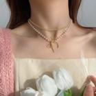 Bow Pendant Faux Pearl Layered Choker Necklace Gold & White - One Size