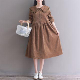 Corduroy Long-sleeve Midi A-line Shirt Dress