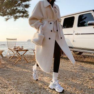 Raglan Faux-shearling Long Coat With Sash